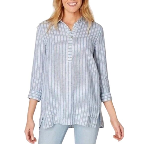 J. Jill Tops - J.Jill Love Linen Striped Popover Tunic Petite Medium Blue
